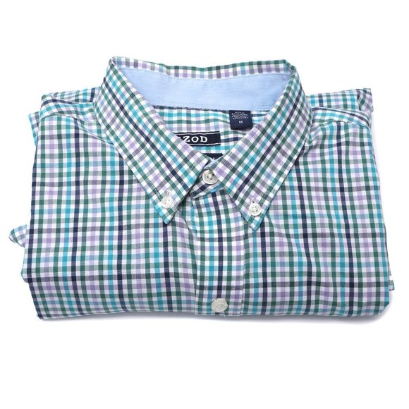 IZOD Check Button Down Shirt Non-Iron Stretch Long Sleeve Top Blue Green White - Picture 3 of 11